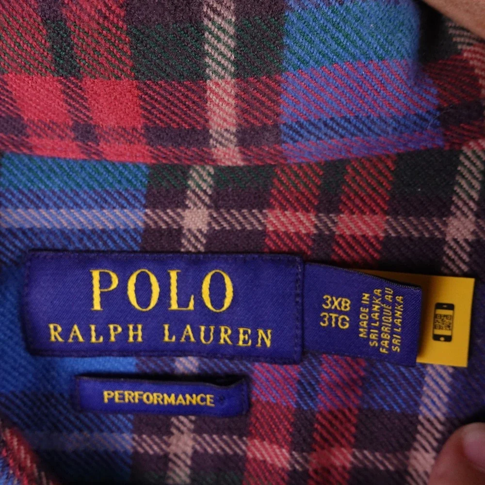 Polo Ralph Lauren Performance‎ Mens 3XB Plaid Flannel Button Down Shirt Blue Red